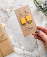 Load image into Gallery viewer, Mustard Yellow Leather & Brass Sunburst Geometric Earrings
