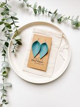 Load image into Gallery viewer, Peacock Blue Leather Leaf Earrings