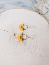 Load image into Gallery viewer, Mustard Yellow Leather & Brass Ring Geometric Earrings
