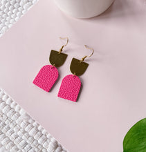 Load image into Gallery viewer, *SALE* Neon Pink Leather with Oblong Brass Accent Earrings With Raw Brass Hook