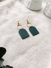 Load image into Gallery viewer, Dark Green Leather with Brass Circle Earrings