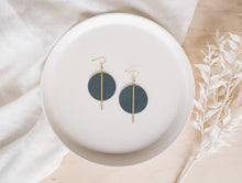 Load image into Gallery viewer, *SALE* Dark Grey Leather Disc and Brass Bar Earrings With Raw Brass Hooks