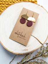 Load image into Gallery viewer, Burgundy Leather Small Circle & Brass Half Circle Stacked Earrings