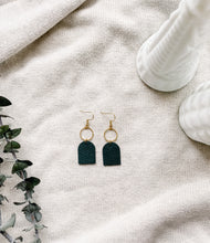 Load image into Gallery viewer, Dark Green Leather with Brass Circle Earrings