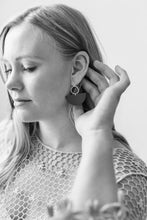 Load image into Gallery viewer, Black Leather Half Moon & Brass Circle Dangle Earrings.