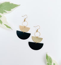 Load image into Gallery viewer, Black Leather & Brass Accent Half Moon Stacked Dangle Earrings