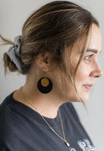 Load image into Gallery viewer, Black Leather Disc & Small Brass Disc Dangle Earrings.