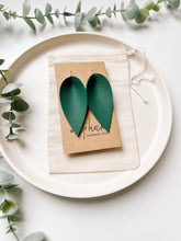 Load image into Gallery viewer, Emerald Green Leather Leaf Earrings.
