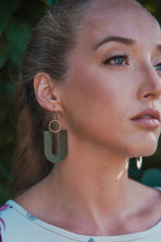 Load image into Gallery viewer, Dark Olive U-Shaped Leather & Brass Ring Earrings