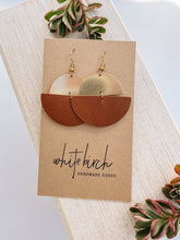 Load image into Gallery viewer, Brown Leather Half Moon & Brass Half Moon Dangle Earrings.