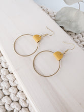 Load image into Gallery viewer, *SALE* Yellow Leather & Brass Circle Earrings With Raw Brass Hooks