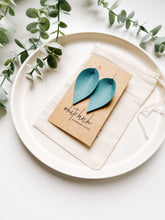 Load image into Gallery viewer, Peacock Blue Leather Leaf Earrings