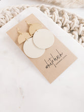 Load image into Gallery viewer, Beige Leather Disc & Brass Half Moon Stacked Dangle Earrings