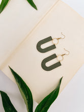 Load image into Gallery viewer, Dark Olive U-Shaped Leather & Brass Ring Earrings