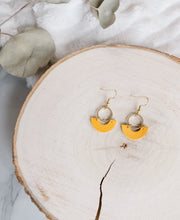 Load image into Gallery viewer, Mustard Yellow Leather & Brass Ring Geometric Earrings