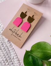 Load image into Gallery viewer, Neon Pink Leather with Oblong Brass Accent Earrings