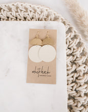 Load image into Gallery viewer, Beige Leather Disc & Brass Half Moon Stacked Dangle Earrings