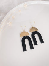 Load image into Gallery viewer, Black Leather Arch & Brass Half Moon Geometric Earrings