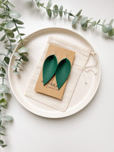 Load image into Gallery viewer, Emerald Green Leather Leaf Earrings.