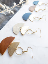 Load image into Gallery viewer, Beige Leather and Brass Half Moon Stacked Earrings