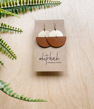Load image into Gallery viewer, Brown Leather Half Moon & Brass Half Moon Dangle Earrings
