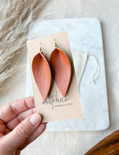 Load image into Gallery viewer, Yukon Cognac Leather Leaf Earrings