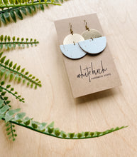 Load image into Gallery viewer, *SALE* White Cork Leather & Brass Half Moon Stacked Dangle Earrings