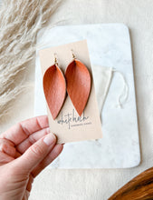 Load image into Gallery viewer, Yukon Cognac Leather Leaf Earrings