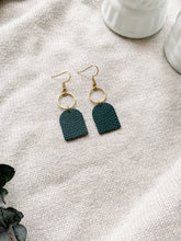Load image into Gallery viewer, Dark Green Leather with Brass Circle Earrings
