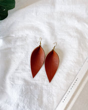 Load image into Gallery viewer, Yukon Cognac Leather Leaf Earrings