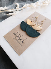 Load image into Gallery viewer, Dark Green Leather & Brass Stacked Half Moon Dangle Earrings