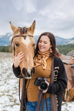 Load image into Gallery viewer, Brown Leather Disc & Brass Half Moon Stacked Dangle Earrings