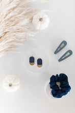 Load image into Gallery viewer, Navy Blue Leather & Mini Brass Half Moon Geometric Earrings