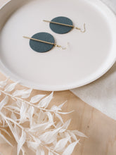 Load image into Gallery viewer, *SALE* Dark Grey Leather Disc and Brass Bar Earrings With Raw Brass Hooks