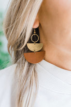 Load image into Gallery viewer, Brown Leather & Brass Stacked Half Moon Dangle Earrings