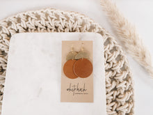 Load image into Gallery viewer, Brown Leather Disc & Brass Half Moon Stacked Dangle Earrings