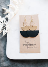 Load image into Gallery viewer, Black Leather & Brass Accent Half Moon Stacked Dangle Earrings