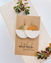 Load image into Gallery viewer, *SALE* White Cork Leather & Brass Half Moon Stacked Dangle Earrings