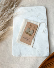 Load image into Gallery viewer, Clay Putty Tan Leather & Brass Sunburst Geometric Earrings