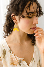 Load image into Gallery viewer, Yellow Leather Arc & Brass Half Moon Earrings