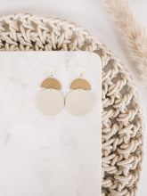 Load image into Gallery viewer, Beige Leather Disc & Brass Half Moon Stacked Dangle Earrings