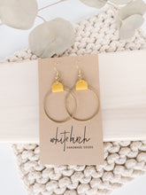 Load image into Gallery viewer, *SALE* Yellow Leather & Brass Circle Earrings With Raw Brass Hooks