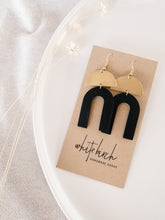 Load image into Gallery viewer, Black Leather Arch & Brass Half Moon Geometric Earrings