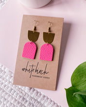 Load image into Gallery viewer, *SALE* Neon Pink Leather with Oblong Brass Accent Earrings With Raw Brass Hook
