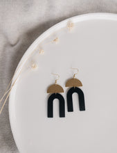 Load image into Gallery viewer, Black Leather Arch & Brass Half Moon Geometric Earrings