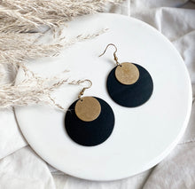 Load image into Gallery viewer, Black Leather Disc & Small Brass Disc Dangle Earrings.