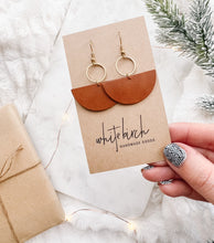Load image into Gallery viewer, Brown Leather Half Moon & Brass Circle Dangle Earrings