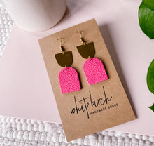 Load image into Gallery viewer, *SALE* Neon Pink Leather with Oblong Brass Accent Earrings With Raw Brass Hook