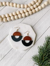 Load image into Gallery viewer, Smooth Black Leather & Sapele Wood Geometric Dangle Earrings