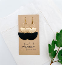 Load image into Gallery viewer, Black Leather & Brass Accent Half Moon Stacked Dangle Earrings